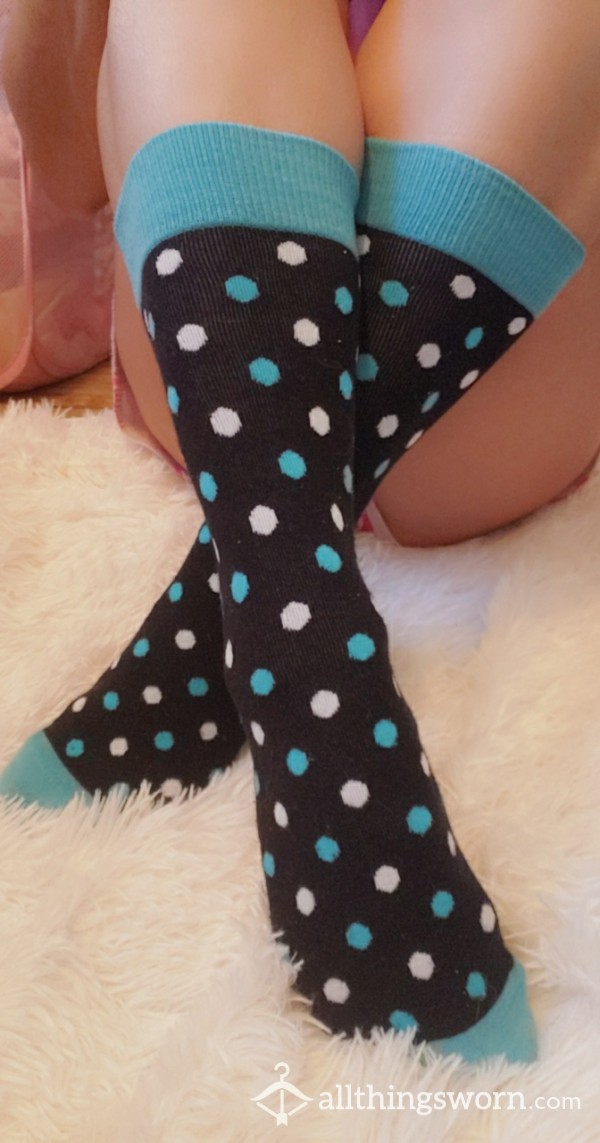 Trade Show Socks, Mostly Black With Blue And Polka Dots... 4 Days Wear & S/h Included