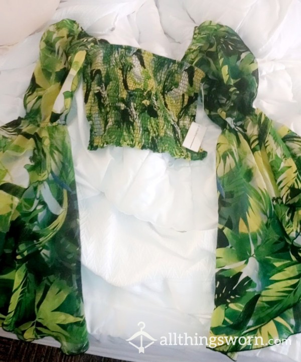 Tropical CROP TOP W/ Big Flowing Sleeves PICtures And Shipping INCLUDED