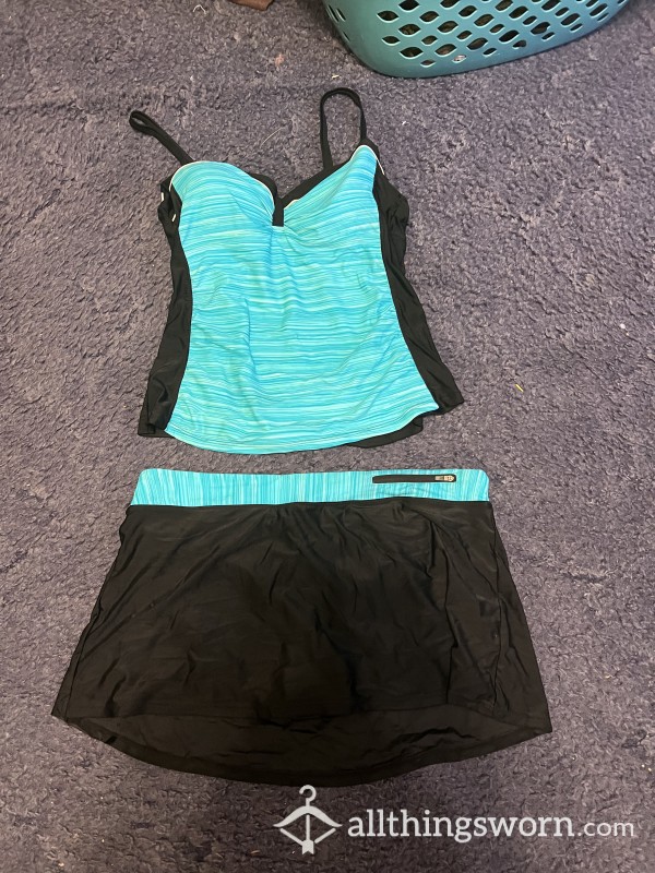 Two Piece Aqua And Black Tankini W/ Skirt