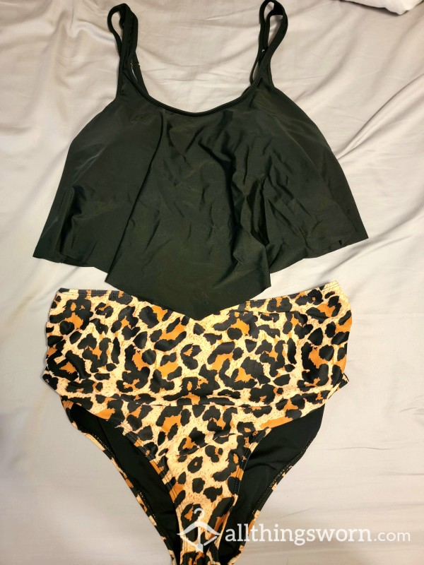 Two Piece Bathing Suit. Black Top And Leopard Print High Waisted Bottoms