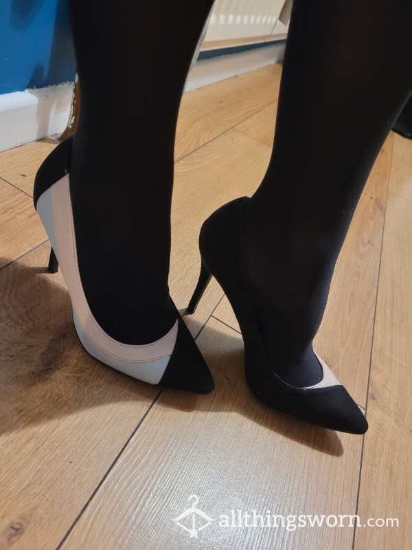 Two Tone Office Heels Size 5 Worn With Nylon Stockings, Both Included FREE P&P To The UK