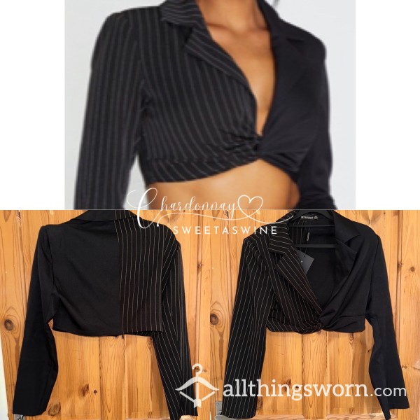🍷UK 14|🖤New (With Tags) Black Twistfront Pinstripe Cropped Blazer Top🤍