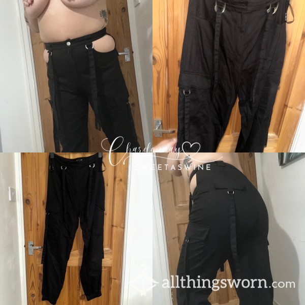 🍷UK 14|🖤Worn Black Cut Out Cargo Trousers🖤