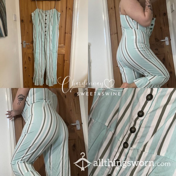 🍷UK 14|🩵Worn Striped Strappy Jumpsuit With Buttons & Ankle Ruffles💚🌞