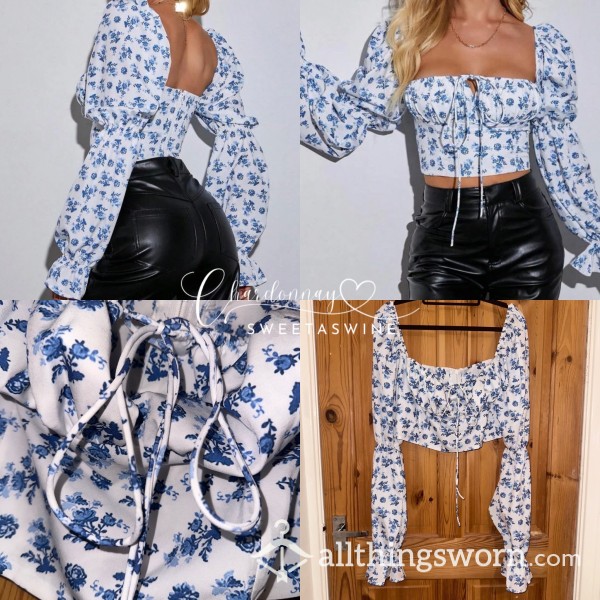 🍷UK L|💙Worn Pretty Blue & White Belle Sleeve Floral Top🤍
