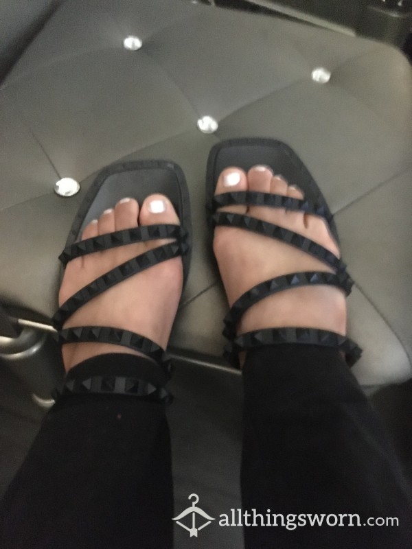US Size 9 Gothic Black Studded Wrap Sandals
