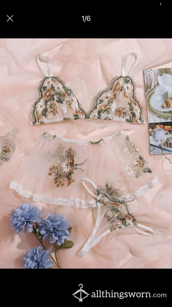 Used 3pc See-Through Lace Floral Lingerie Set