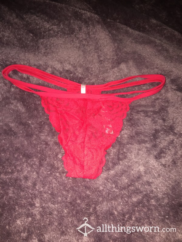 Used Bright Red Strapy Lace Thong VS PINK
