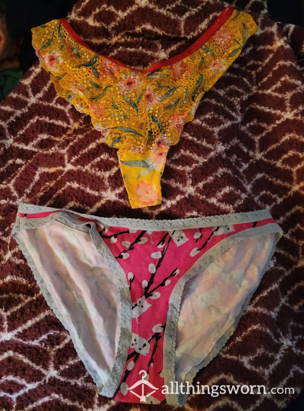 Used Cotton Pink Full Back Panties & Orange Lace With Floral Print Thong