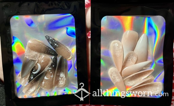 💅 FULL SETS Of USED Press On Nails: Nude/White Ombre, Ombre W Stars And Moons, Nail Flakes! 💅