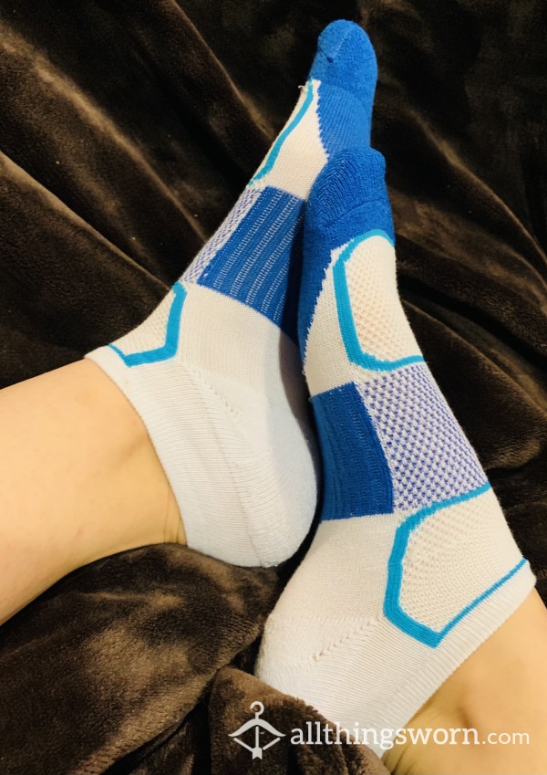 Used Sweaty White And Blue Athletic Ankle Socks