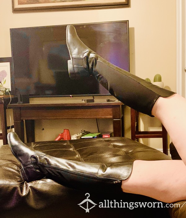 Used Well Worn Black Knee High Genuine Leather Boots