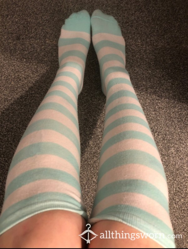 Used, Well Worn, Mint Green And White Striped Knee High Socks