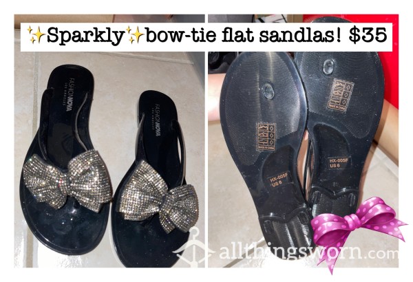 Used/worn Sparkly Bowtie Flat Sandals! 🩴 🖤✨