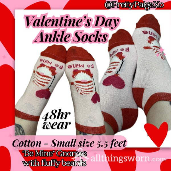 Cute Ankle Socks ❣️💋 Pink & Red Cotton With Gnomes 👣🫶🏼 48hr Wear… Be Mine 😘