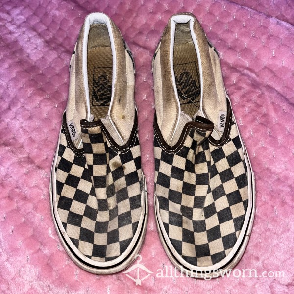 Vans Black & White Checkered Slip On Shoes , 3/4 Years