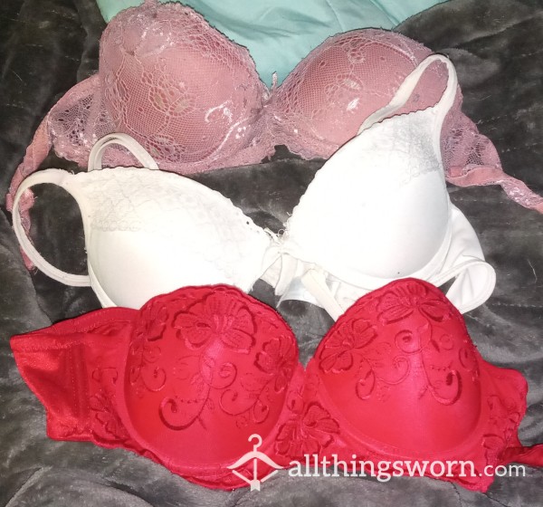 Various Well-worn Bras.  Size 34A.  5 Days Of Wear!