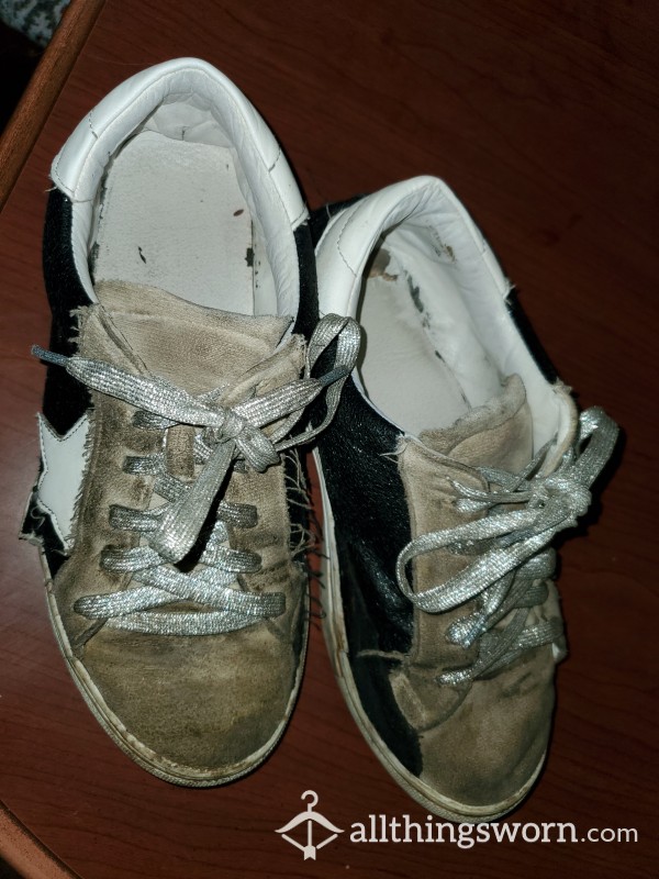 Very Smelly Well Worn Sneakers Worn To Work As A Server With No Socks.