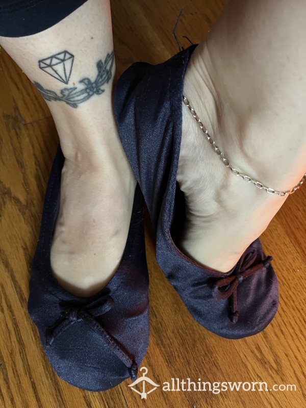 Very Used Satin Slippers, Leather Soles, Much Residue...