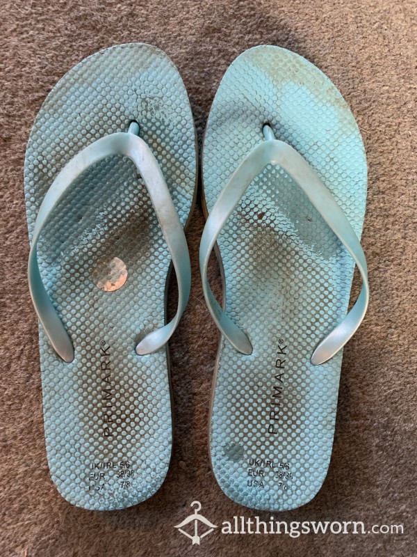 Very Well Used Pale Turquoise Flip Flops. Been Used In The Garden For 6 Months And On Holiday In Turkey.