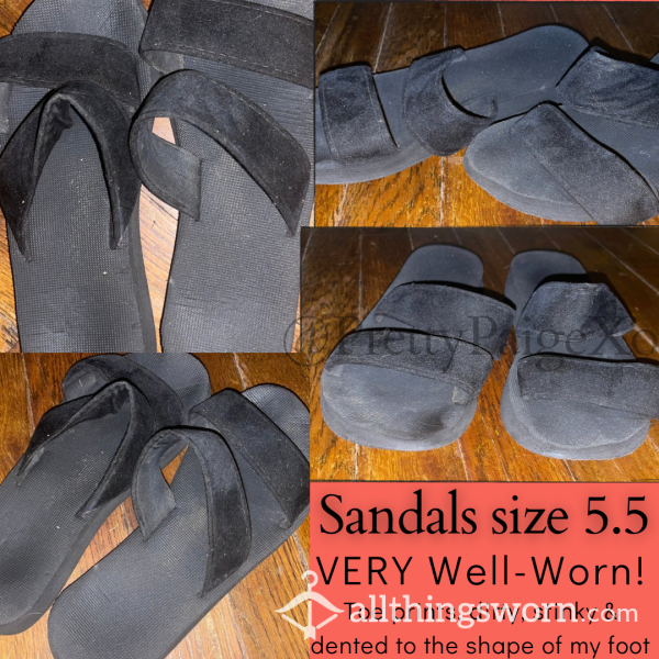 VERY Well Worn Black Sandals 🩴 Small Feet Size 5.5 👣 Toe Prints, Dirty!!