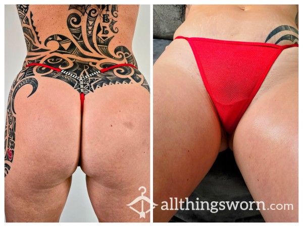 Very Well Worn Dirty Red Silky Thong Panties With Faux Crystals With Alex's Scent - UK Size 12