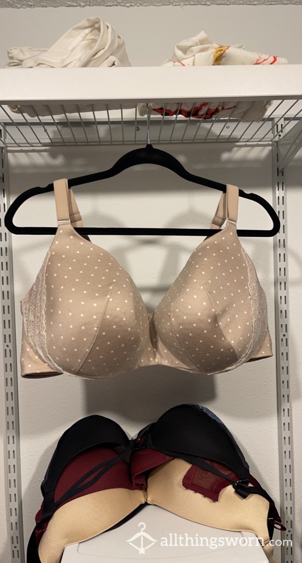 VERY Well Worn Nude Bra With Lace Details And White Polka Dots