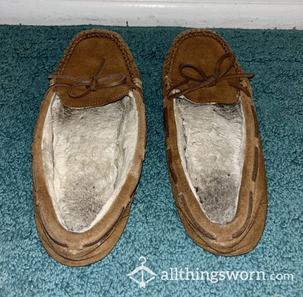 VERY Worn Brown Moccasin Slippers