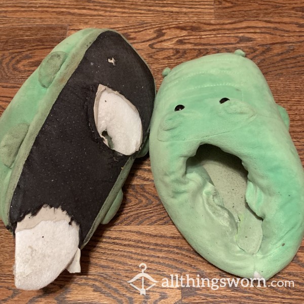 Very Worn Green Dino Slippers
