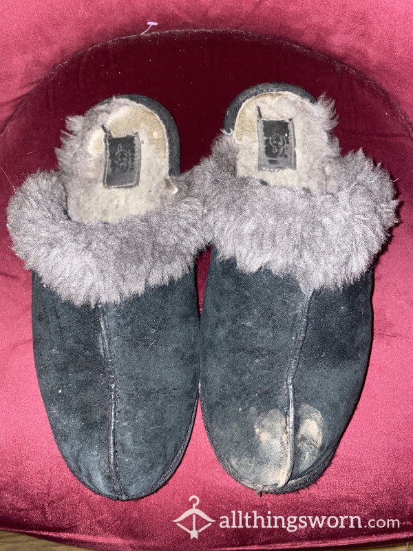 Very Worn Out Black UGG Slippers, Size 8