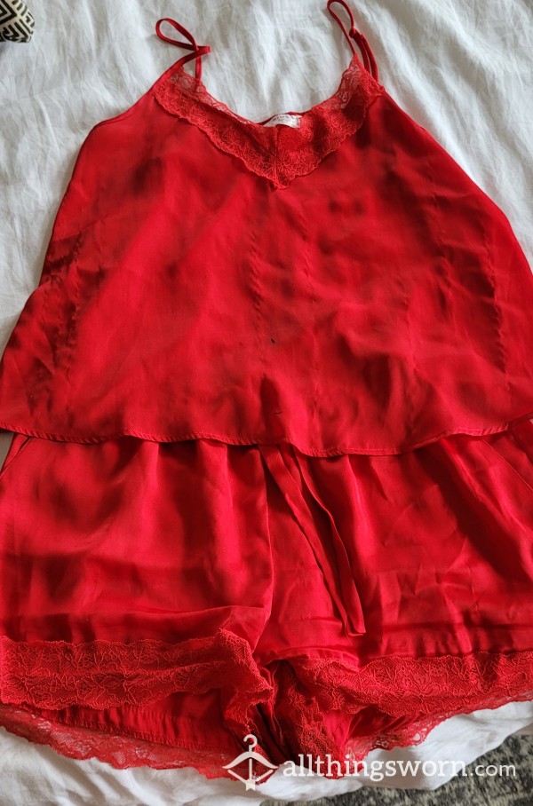 Very Worn Red Satin Pajama Set