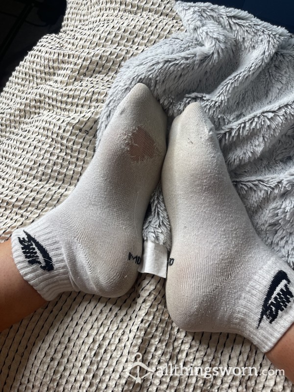 Very Worn White Nike Ankle Socks With Holes
