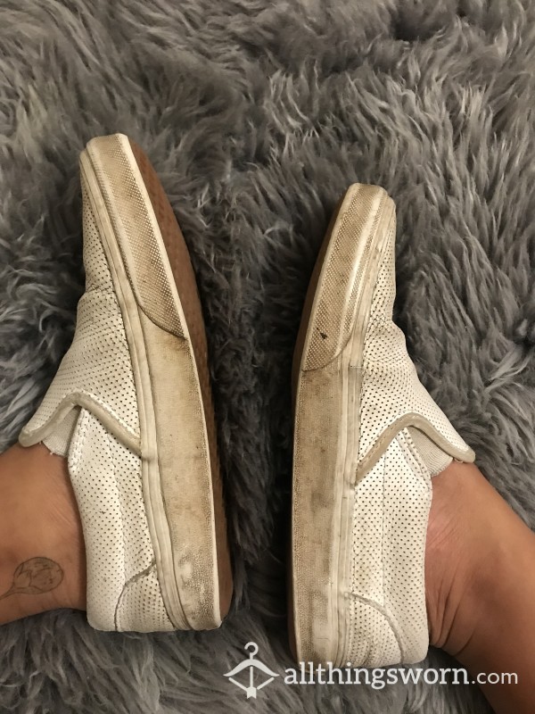 Very Worn White Slip On Sneakers