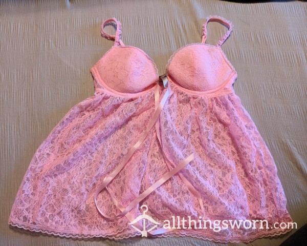 🧺📸 Victoria Secret Nylon/spandex Blend Pink Floral Lace Lingerie Babydoll Dress With 34C Cup And Frills On The Shoulder Straps And A Pink Ribbon On The Chest To Turn Into A Bow