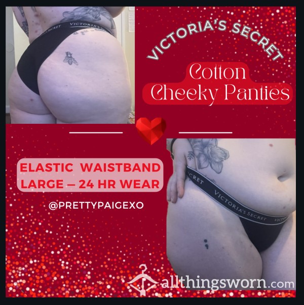 VS Cheeky Panties 🖤 Black Cotton, Elastic Waistband, Large 🥵 Worn 48hrs 🫶🏼