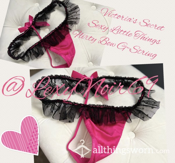 Victoria’s Secret “Sexy Little Things” Lingerie Line Flirty Hot Pink Bow And Black Mesh Faux Skirt G-String