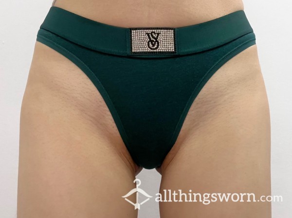 VS Dark Green Cotton Thong With Rhinestones