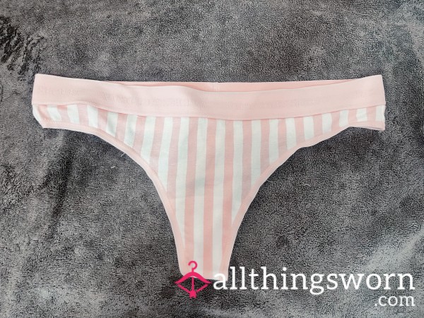 VS Pink And White Striped Logo Band Thong