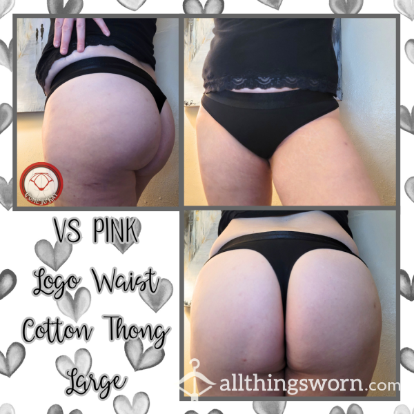 VS PINK Logo Waist Black Cotton Thong - Large
