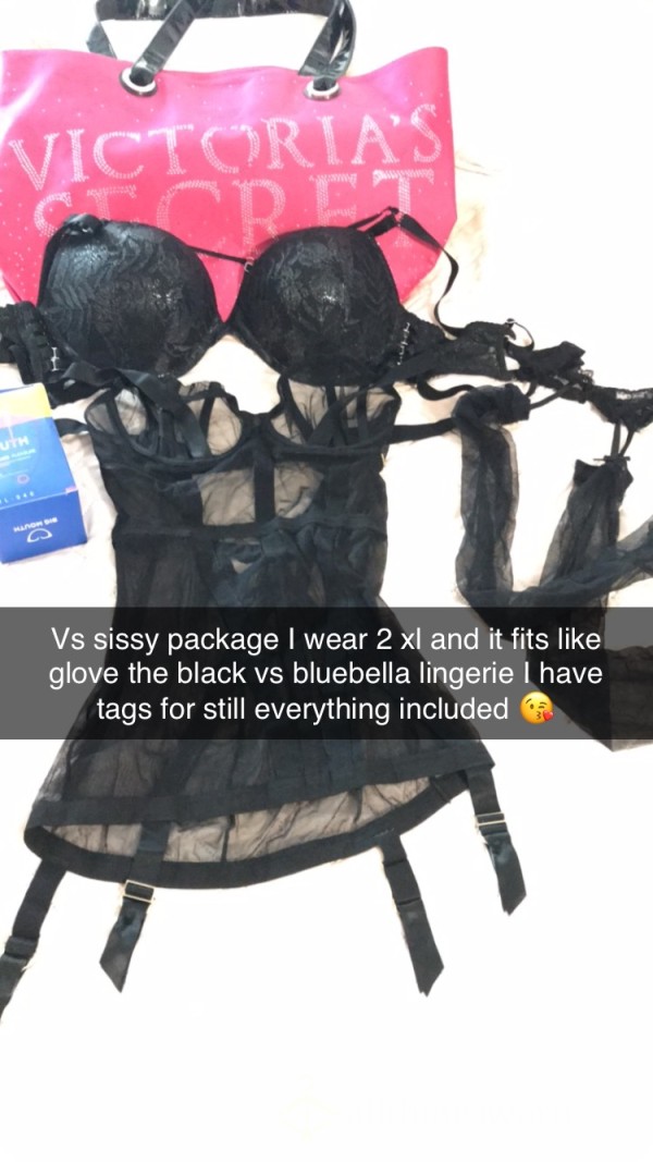 Vs Sissy Package Included Are Vs Bra 38 DD VS Bluebella Black Lingerie With Stocking Clips Also Included Is Knee High Stockings Vs Overnight Bag And Big Mouth Sex Toy With Charger