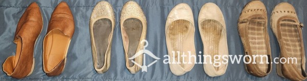 🩰 Well-loved And Well-worn Cute & Comfy Tan Flats. Any Pair $35 Shipped In The US! 2️⃣ Day Heavy Play-Wear, 4️⃣ Electronic Images During Wear. ➕️ Add Ons Available! ☝️Additional Wear:💲5️⃣ /da