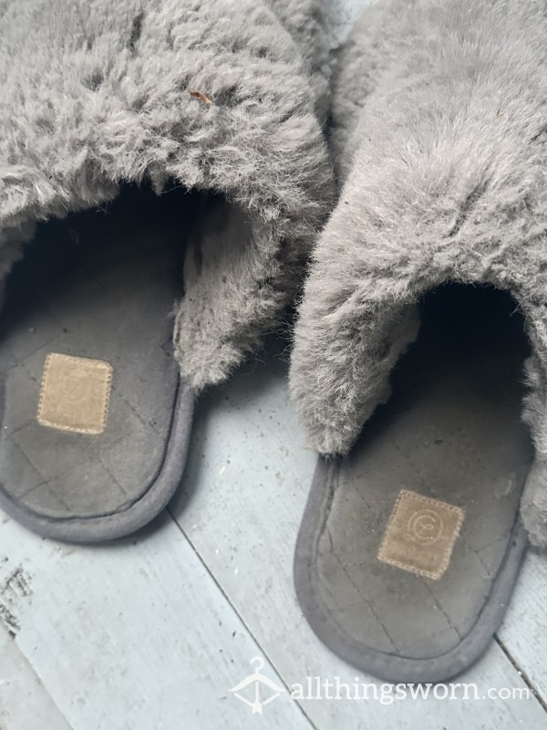 Well Loved Fuzzy Gray Slippers