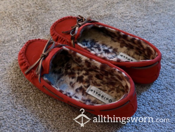 Well Loved Red Suede And Cheetah Print Slippers