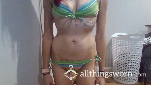 SALE! Well Worn, Bikini,  Halter Top, Bright Colored, Stripes, Bottoms Tie At The Sides, So Sexy!