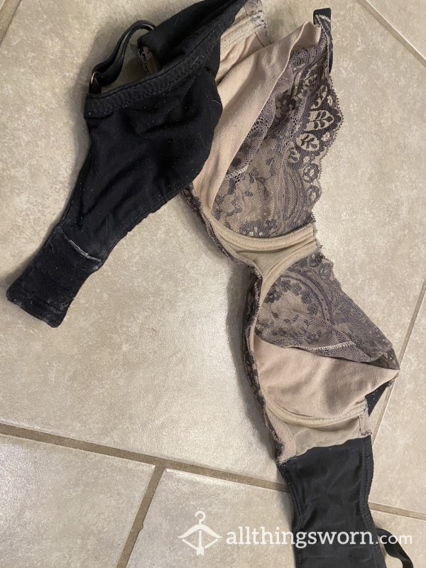 Well Worn Black And Nude Lacy Bra 36D- Nearly Everyday Wear For 18 Months, Barely Ever Washed!