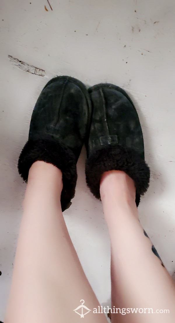 Well-worn Black Fuzzy Slippers
