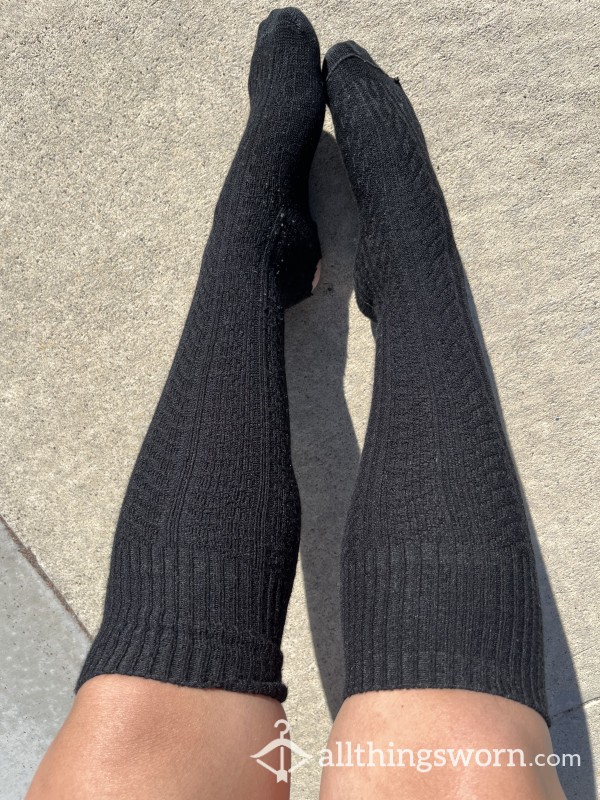 Well Worn Black Knee High Socks/Holes On The Heels/very Used Boot Socks/ Size 10 Feet