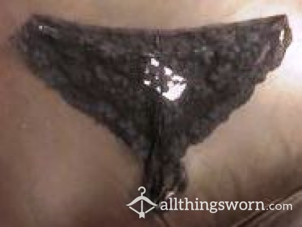 Well Worn Black Lacey Thongs, Size 10/12, Stained, Price Includes UK Inland Postage