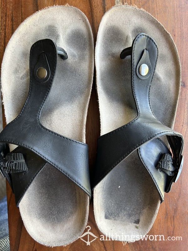 Well Worn Black Sandals Size 9 Foot Imprint
