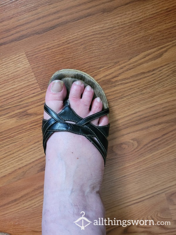 Well Worn Black Wedge Sandals. Size 10